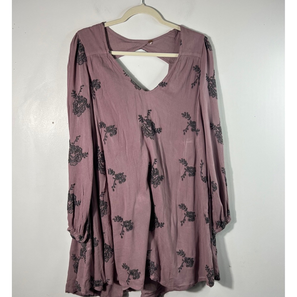 Free People Emma Floral Embroidered Boho Dress Cutout Back Purple S Oversized